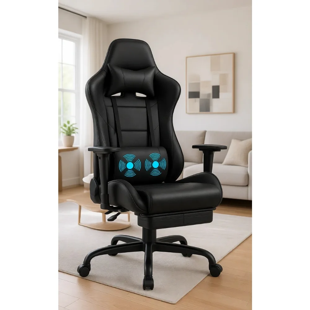 Massage - フットレスト付き、マッサージ機能、腰部サポート、高さ調節可能なヘッドレスト、回転式シート、ブラックのゲーミングチェア