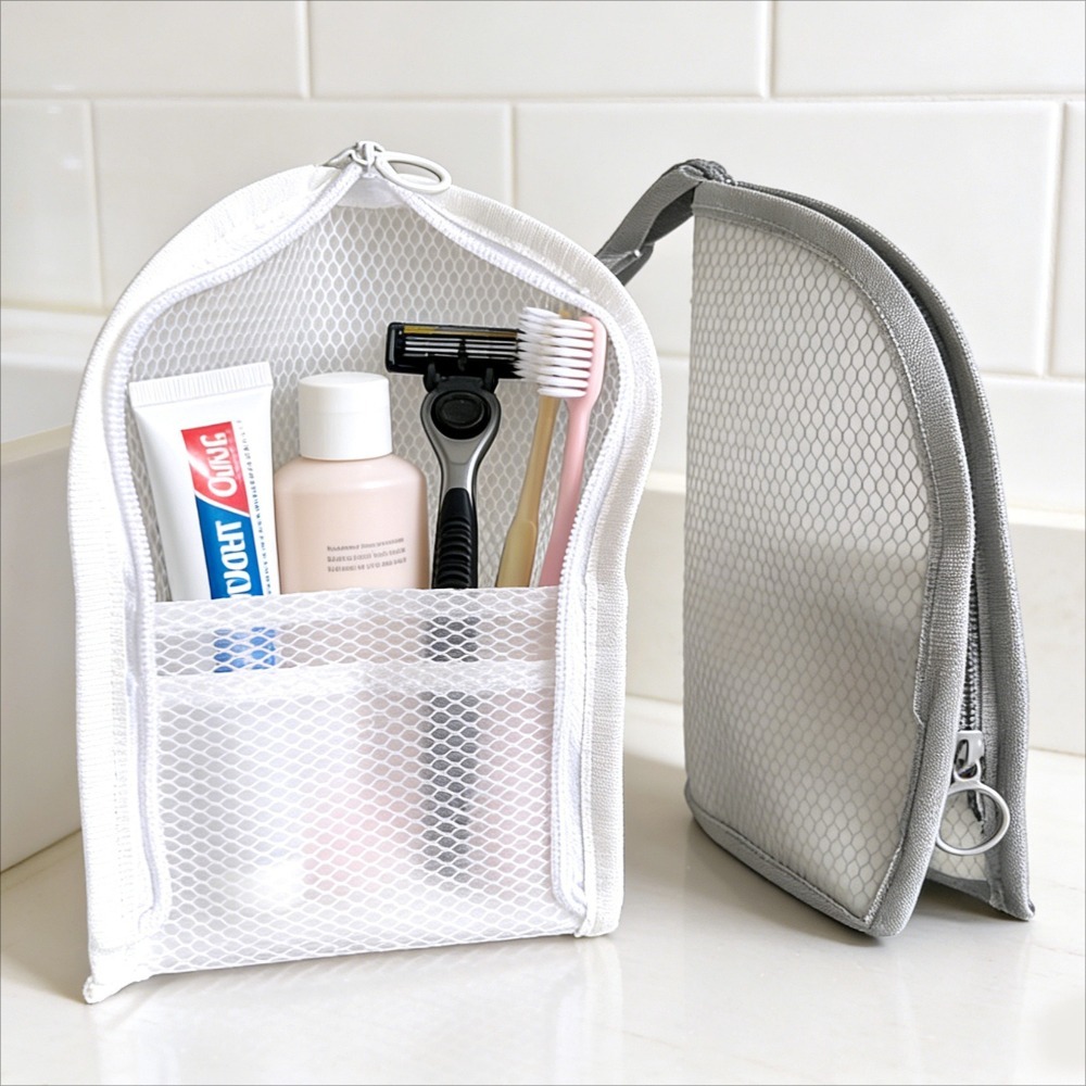 Makeup - メッシュトイレタリーバッグ 通気性 速乾性 縦型歯ブラシホルダー 化粧品オーガナイザー 旅行