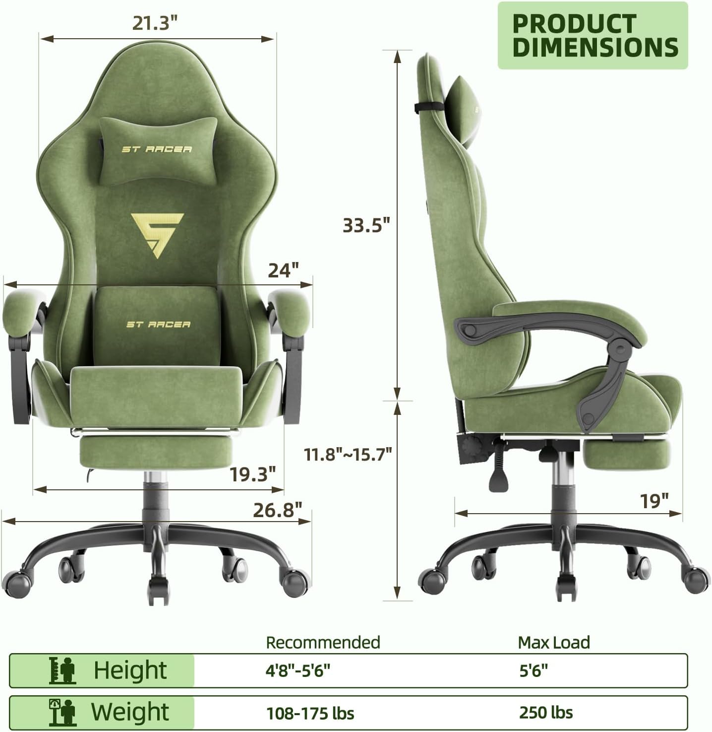 大人用ゲーミングチェア、フットレスト付きマッサージ機能と腰当 - Massage のレビューと価格