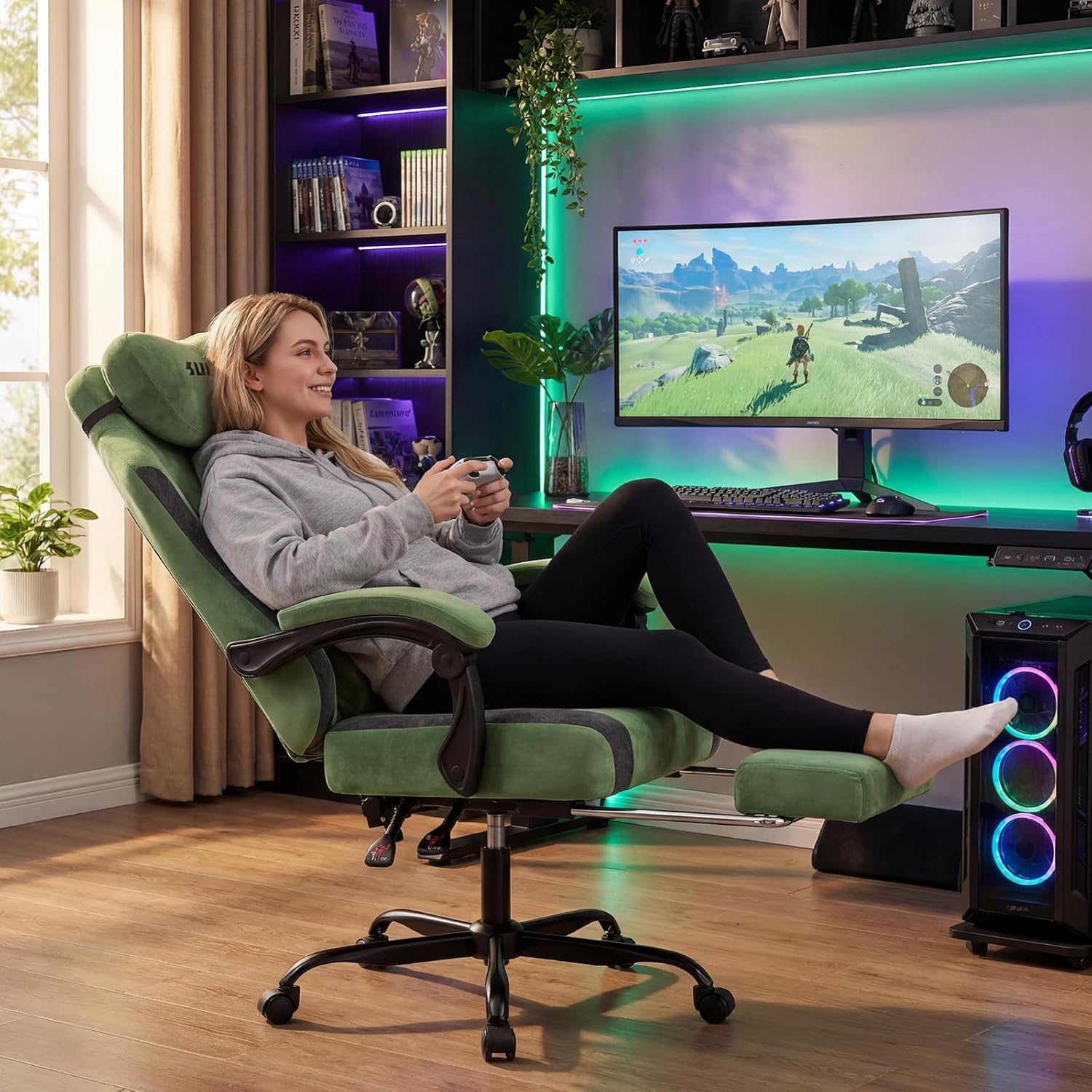 ファブリック製のビデオゲーム用チェア。人間工学に基づいた高背 - Massage のレビューと価格