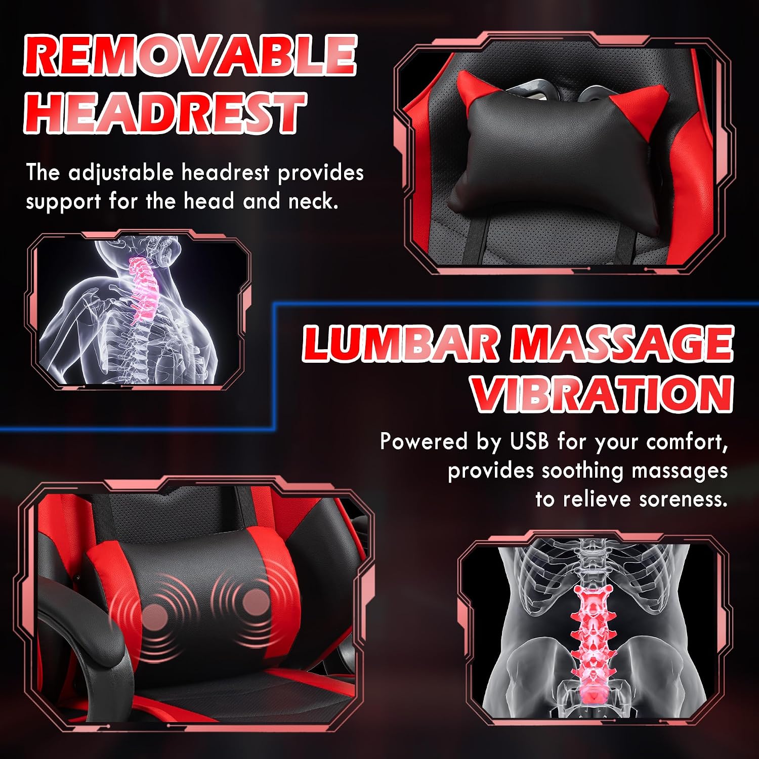 赤いエルゴノミックゲーミングチェア、マッサージ機能付き、腰を - Massage のレビューと価格